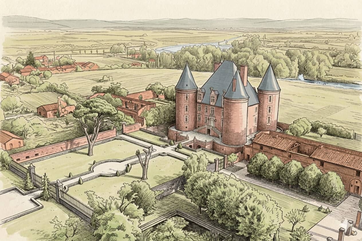 Château et ses dépendances vus du ciel, exemple de bien atypique évalué par un expert immobilier