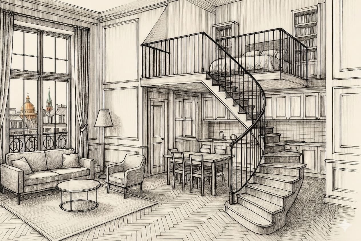 Séjour d'un duplex ancien, exemple de logement évalué en expertise immobilière pour IFI, succession ou divorce